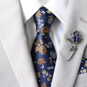 Clara Modern Blue & Gold Floral Men&#39;s Necktie | Gifts for Men | Gifts for Him | Blue Tie | Work Wear | Men&#39;s Fashion | Ties for Men