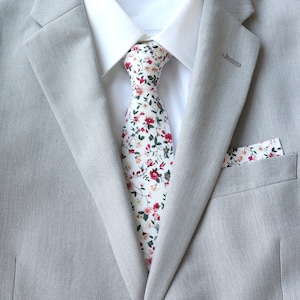 Milan Men's White Floral Skinny Tie | Matching Father & Son Ties | Boys Ties | Cream Floral Bowties | White Pocket Square | Mens Formal Wear