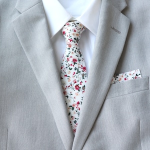 Milan Men&#39;s White Floral Skinny Tie | Matching Father & Son Ties | Boys Ties | Cream Floral Bowties | White Pocket Square | Mens Formal Wear
