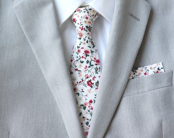 Milan Men's White Floral Skinny Tie | Matching Father & Son Ties | Boys Ties | Cream Floral Bowties | White Pocket Square | Mens Formal Wear