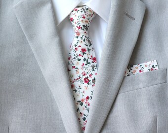 White Floral Skinny Tie & Pocket Square | Matching Father Son Ties