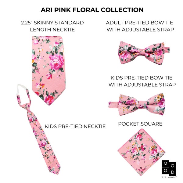 Ari Men's Pink Floral Skinny Neckties | Pink Floral Tie for Men and Boys | Matching Father Son Ties & Bow Ties | Groom Groomsmen Ties