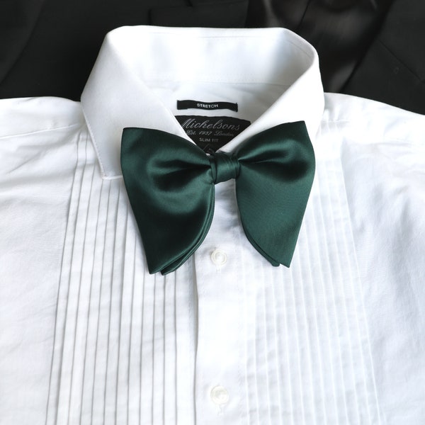 Hunter Green Satin Oversized Bow Ties | Solid Large Korean Style | Long Tail Bowtie | Wedding | Formal Bow tie | Green Pocket Square