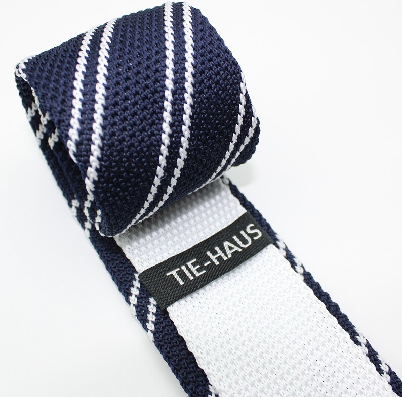 Groomsman Grooms Navy Dark Blue /& White Stripe Men/'s Skinny Knitted Tie Necktie