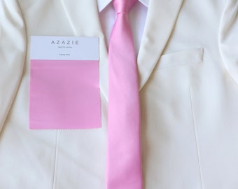 Candy Pink Satin Men's Skinny Tie | Azazie Candy Pink| Pink Bow Tie | Pink Weddings | Pink Tie | Bubblegum Pink | Groom Groomsmen Tie