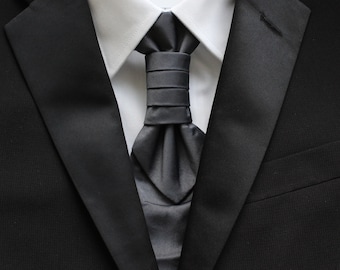 Gray Pre-Tied Ruche Cravat & Pocket Square Set | Satin Ascot Tie