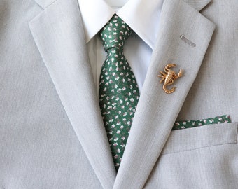 Memphis Green Floral Traditional Wide Men&#39;s Tie | Green Necktie | Green Bow Tie | Groomsmen Groom Tie | Rustic Wedding | Big & Tall Necktie