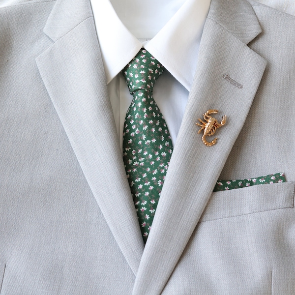 Memphis Green Floral Traditional Wide Men's Tie | Green Necktie | Green Bow Tie | Groomsmen Groom Tie | Rustic Wedding | Big & Tall Necktie
