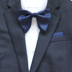 Navy Blue Satin Men&#39;s Bow Tie | Satin Bowtie | Oversized Large Bow Tie | Dark Blue Bow Tie | Bow Tie for Tuxedo | Formal Wear | Mens Fashion