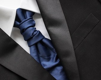 Maya Dark Blue Solid Satin Pre-Tied Ruche Cravat Necktie | Ascot | Victorian Tie | Edwardian Tie | British Tie