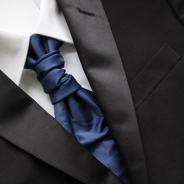 Maya Dark Blue Solid Satin Pre-Tied Ruche Cravat Necktie | Ascot | Victorian Tie | Edwardian Tie | British Tie