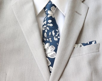 Casey Dark Blue Floral Men's Skinny Tie and Pocket Square Set | Navy Tie | Blue Weddings | Rustic Weddings | Groom Groomsmen Necktie