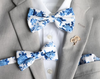 Harper Blue Floral Bow Tie | Father Son Matching Bow Tie | Wedding Bow Tie | Groom & Groomsmen