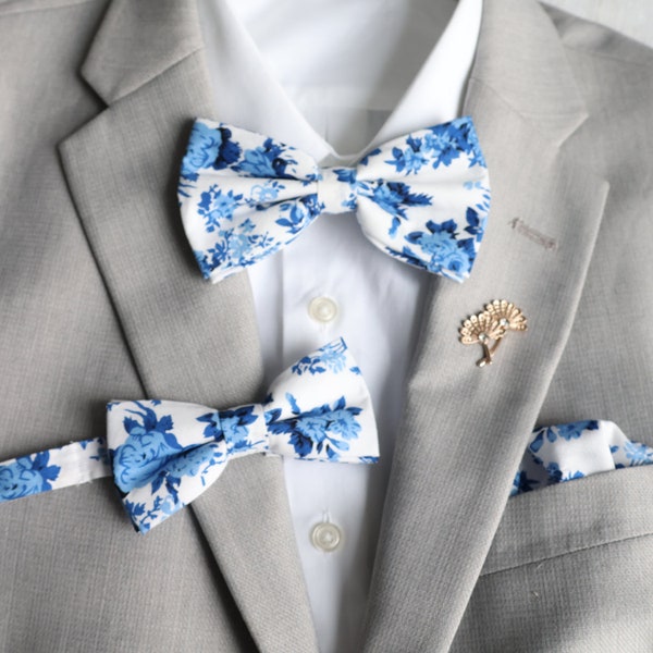 Harper Blue Floral Pre-Tied Men's Bow Tie | Boys Bowtie | Matching Bowtie Set | Blue Floral Tie | Daddy & Me | Wedding Party | Rustic Tie