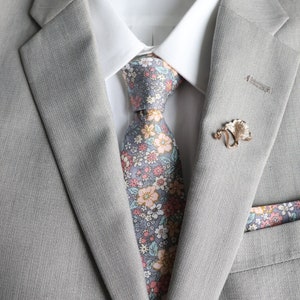 Auden Silver Floral Men&#39;s Tie | Gray Necktie | Silver Wedding | Grey Men&#39;s Tie | Gifts for Him | Gifts for Dad | Rustic Wedding