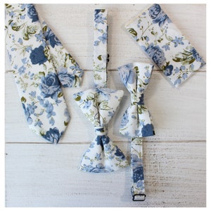 Sawyer Blue Floral Cotton Pocket Square | Necktie | Cravate | Dusty Blue Floral Tie | Matching Adult & Boys Bow Tie | Handkerchief