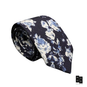 Marley Navy Blue Floral Tie – Skinny & Classic Wide | Matching Bow Ties for Kids Adults | Pocket Square | Wedding Necktie | Gifts Under 30