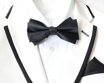 Double-Deck Black Satin Bow Tie | Black Bowtie | Formal Bowtie | Wedding Bow Ties for Men | Black Tie Affair | Bow Tie for Tuxedo | Menswear