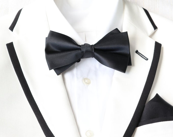 Black Satin Bow Tie Pocket Square Set | Formal Tuxedo Groomsman Accessory