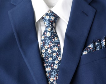 Navy Floral Skinny Tie for Men | Dark Blue Slim Necktie | Blue & White Floral Tie | Blue Paprika Neckties | Blue Pocket Square