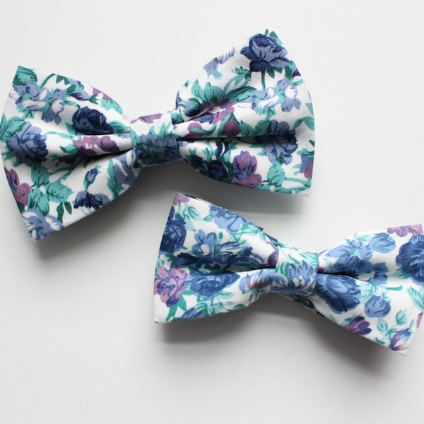 Malibu Blue Floral Adult Child Matching Bow Tie | Wedding Tie Collection | Father & Son Bowties | Matching Mens Skinny Tie