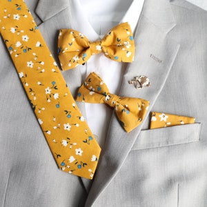 Ember Marigold Yellow Floral Tie Mens Skinny Tie | Wedding Necktie | Yellow Wedding Tie | Marigold Tie | Yellow Skinny Tie