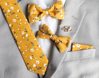 Ember Marigold Yellow Floral Tie Mens Skinny Tie | Wedding Necktie | Yellow Wedding Tie | Marigold Tie | Yellow Skinny Tie