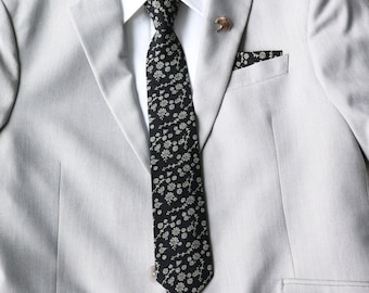 Handmade Black Floral Cotton Slim Necktie | Rustic Wedding Tie