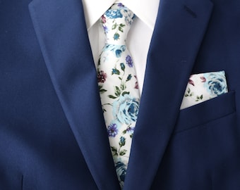 Ellis Dusty Blue & Purple Floral Necktie | Skinny Tie for Men | Spring Floral Ties | Groomsmen Groom | Blue Weddings | Ties for Dad