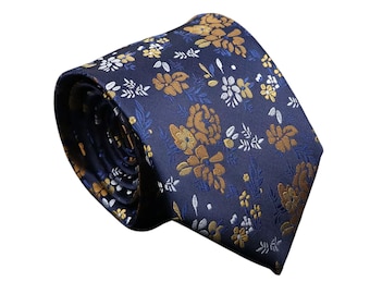 Clara Modern Blue & Gold Floral Men's Necktie | Gifts for Men | Gifts for Him | Blue Tie | Work Wear | Men's Fashion | Ties for Men