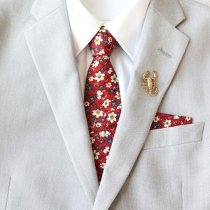 Morgan Red Orange Floral Men&#39;s Tie | Orange Bow Tie | Rustic Necktie | Orange Tie | Groom Groomsmen Tie | Barn Weddings | Gifts for Him