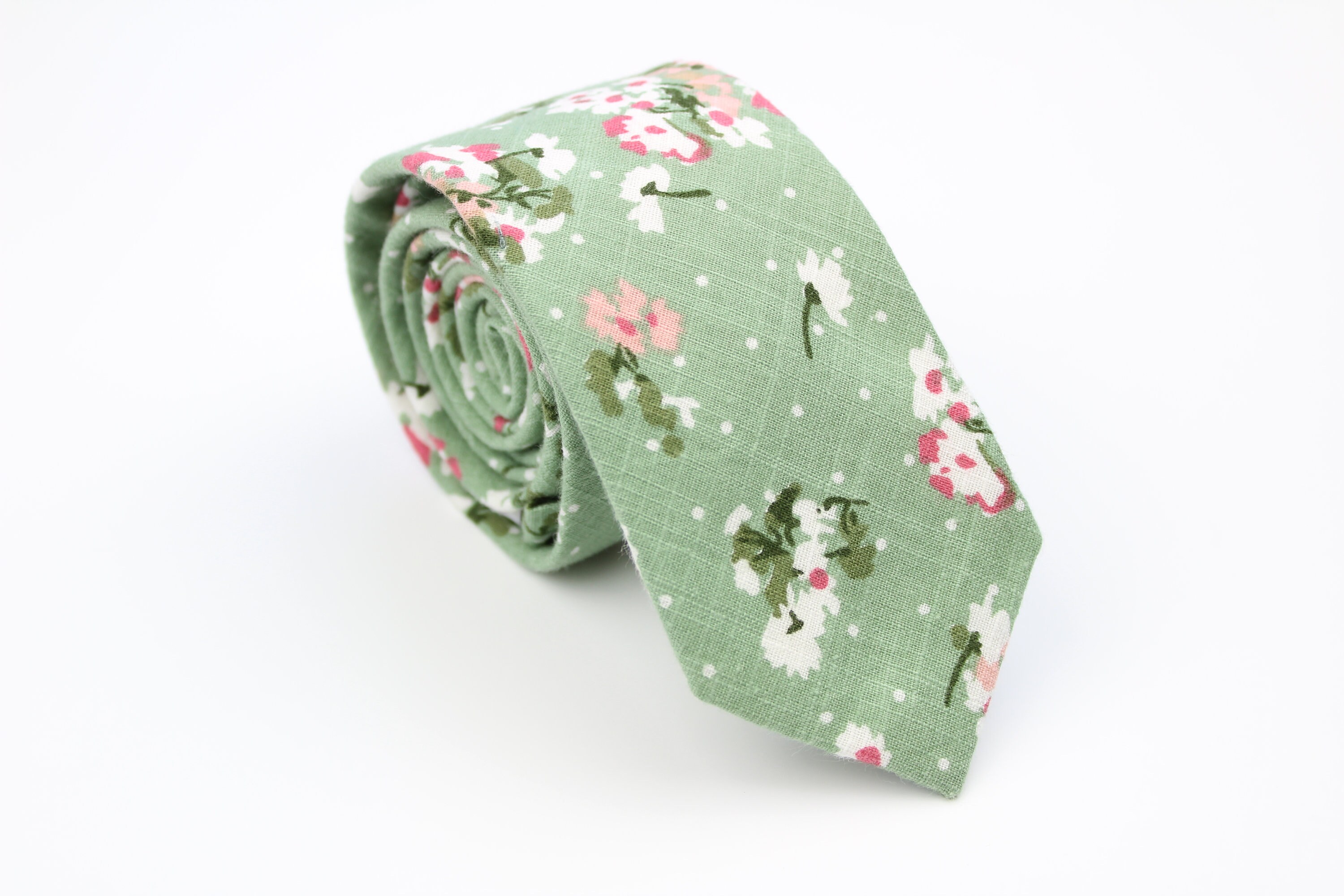 Sage Green Floral Men's Skinny Tie Necktie Grooms Etsy