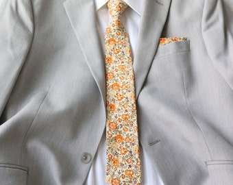 Darwin Marigold Yellow Floral Men's Necktie | Marigold Tie | noeud papillon | Orange Floral Tie | Grooms Groomsmen | Skinny Tie