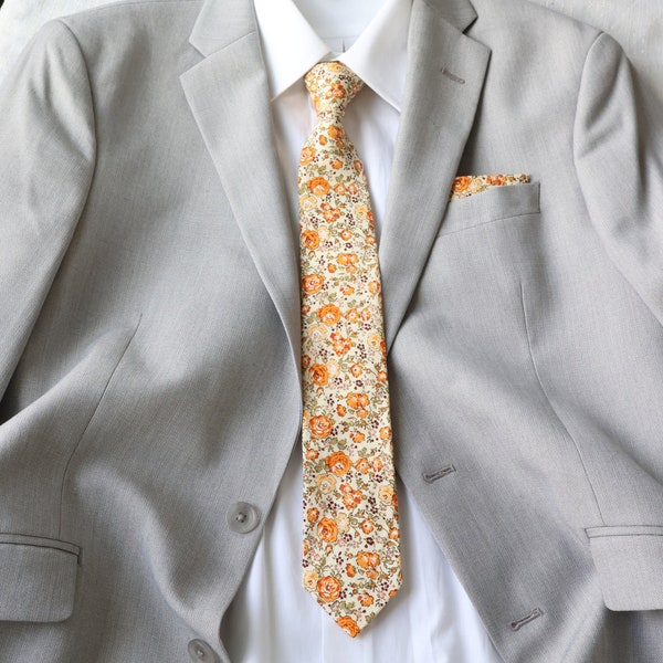 Darwin Marigold Yellow Floral Men's Necktie | Marigold Tie | noeud papillon | Orange Floral Tie | Grooms Groomsmen | Skinny Tie