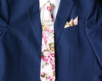 Fuschia Floral Skinny Necktie | Hot Pink Floral Tie for Men | Pink Slim Tie | Pocket Square | Matching Tie Set | Groom Groomsmen Wedding Tie