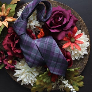 Purple Gray Plaid Soft Mens Skinny Tie | Mens Neck Tie | Plaid Ties for Men | Wedding Necktie | Plaid Skinny Tie | Vintage Wool Tie