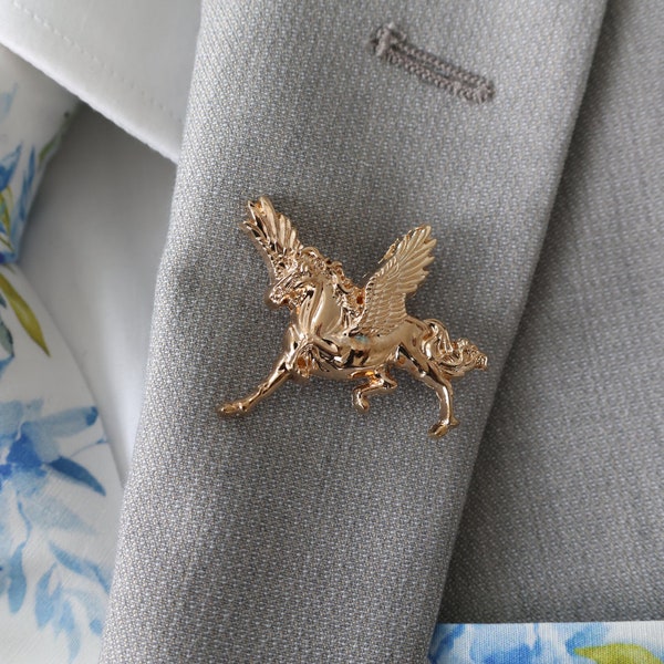 Gold Plated Flying Horse with Wings Lapel Pin Men's Brooch | Men's Accessories | Suit Pin | Horse Brooch | Gifts for Men | Tie Pin