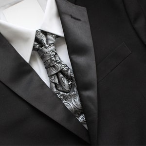 Grace Silver Black Paisley Pre-Tied Ruche Cravat Necktie & Pocket Square Set | Black Ascot | Victorian Tie | Edwardian Tie | British Tie