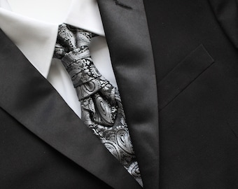 Grace Silver Black Paisley Pre-Tied Ruche Cravat Necktie & Pocket Square Set | Black Ascot | Victorian Tie | Edwardian Tie | British Tie