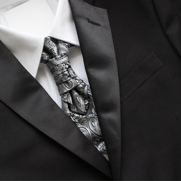 Grace Silver & Black Paisley Pre-Tied Ruche Cravat Necktie | Black Ascot | Victorian Tie | Edwardian Tie | British Tie