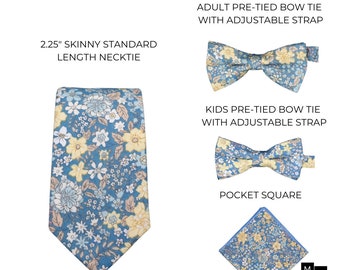 Easton Blue and Yellow Floral Tie | Blue Floral Necktie | Blue & Yellow Bow Tie | Groom Groomsmen Tie | Father Son Bow Ties | Formal Wear