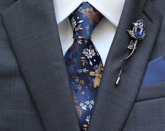 Silver Plated Rose Mens Lapel Brooch | Blue Gemstone Groomsman Suit Pin Accessories