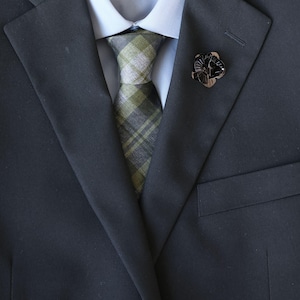 Olive Green Gray Plaid Soft Thin Wool & Cotton Blend Skinny Tie | Men&#39;s Necktie | Groom | Groomsman | Wedding Ties | Cotton Ties
