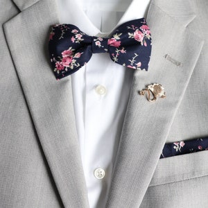 Ezra Navy Dark Blue & Pink Floral Men&#39;s Bow Tie | Matching Bowtie | Blue Tie | Blue Pink Wedding | Boys Bow Tie | Necktie | Father&#39;s Day