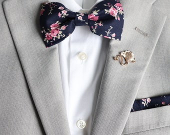 Ezra Navy Dark Blue & Pink Floral Men's Bow Tie | Matching Bowtie | Blue Tie | Blue Pink Wedding | Boys Bow Tie | Necktie | Father's Day