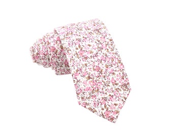 Hope Light Pink and White Floral Men's Skinny Tie | Pink Tie | Matching Adult & Kids Bow Tie | Pink Weddings | BowTie | Floral Tie | Necktie