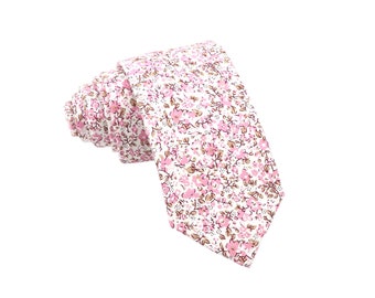 Hope Light Pink and White Floral Men&#39;s Skinny Tie | Pink Tie | Matching Adult & Kids Bow Tie | Pink Weddings | BowTie | Floral Tie | Necktie