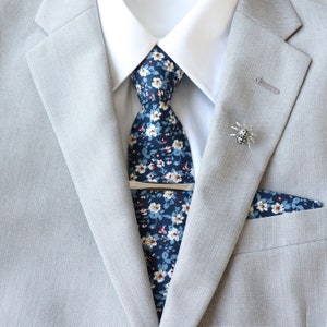 Wiley Blue Floral Tie & Pocket Square | Navy Blue Necktie | Groom Groomsmen Wedding Tie | Paprika Floral | Gift for Him | Boys Necktie
