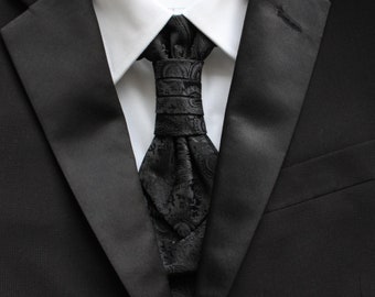 Skylar Black Paisley Pre-Tied Ruche Cravat Necktie | Black Ascot | Victorian Tie | Edwardian Tie | British Tie