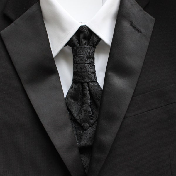 Skylar Black Paisley Pre-Tied Ruche Cravat Necktie | Black Ascot | Victorian Tie | Edwardian Tie | British Tie